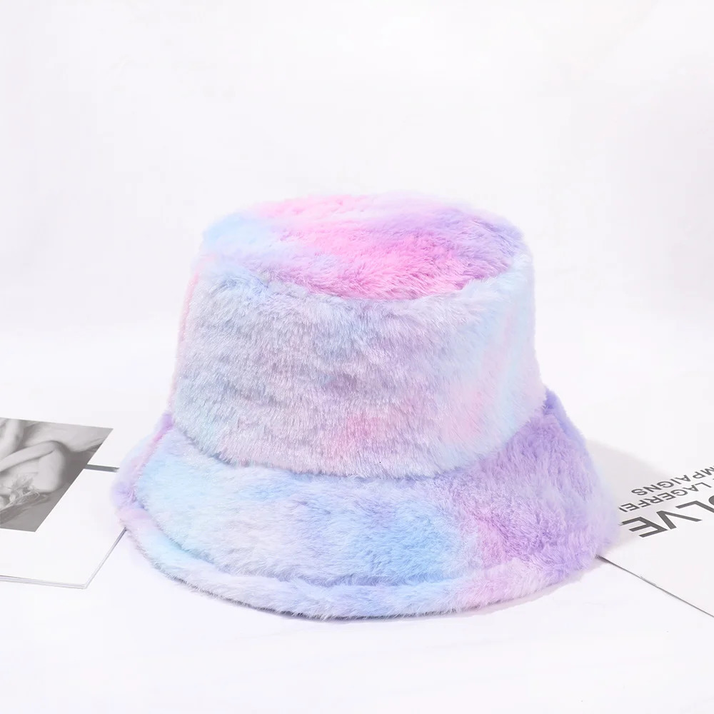 Soft Outdoor Vacation Girls Faux Fur Cap Tie-Dye Bucket Hats Winter Warm Hat Fishing Caps 250808