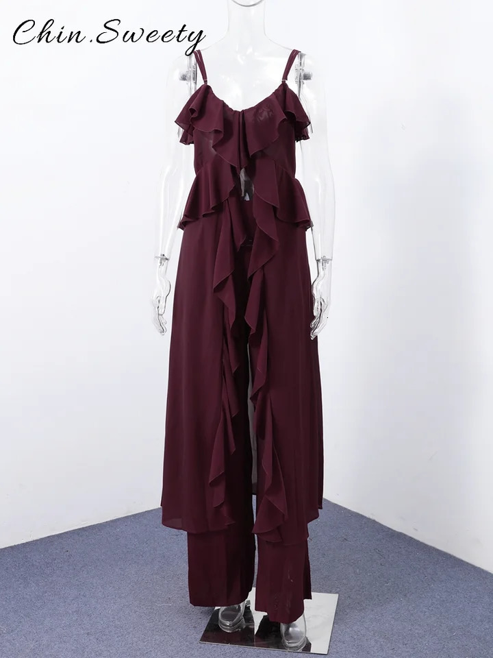 Elegant Ruffles 2 Piece Sets Woman V-neck Sleeveless Sling Top High Waist Wide Leg Pants 2025 Summer Lady High Street Outfit 250811