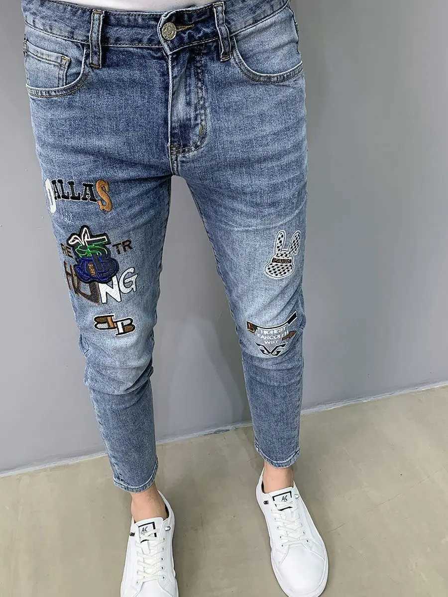 Luxury Brand Mens Slim Denim Jeans Casual Pencil Pants with Embroidery 2024 New Korean Fashion Autumn Summer Blue Long Pants X250812