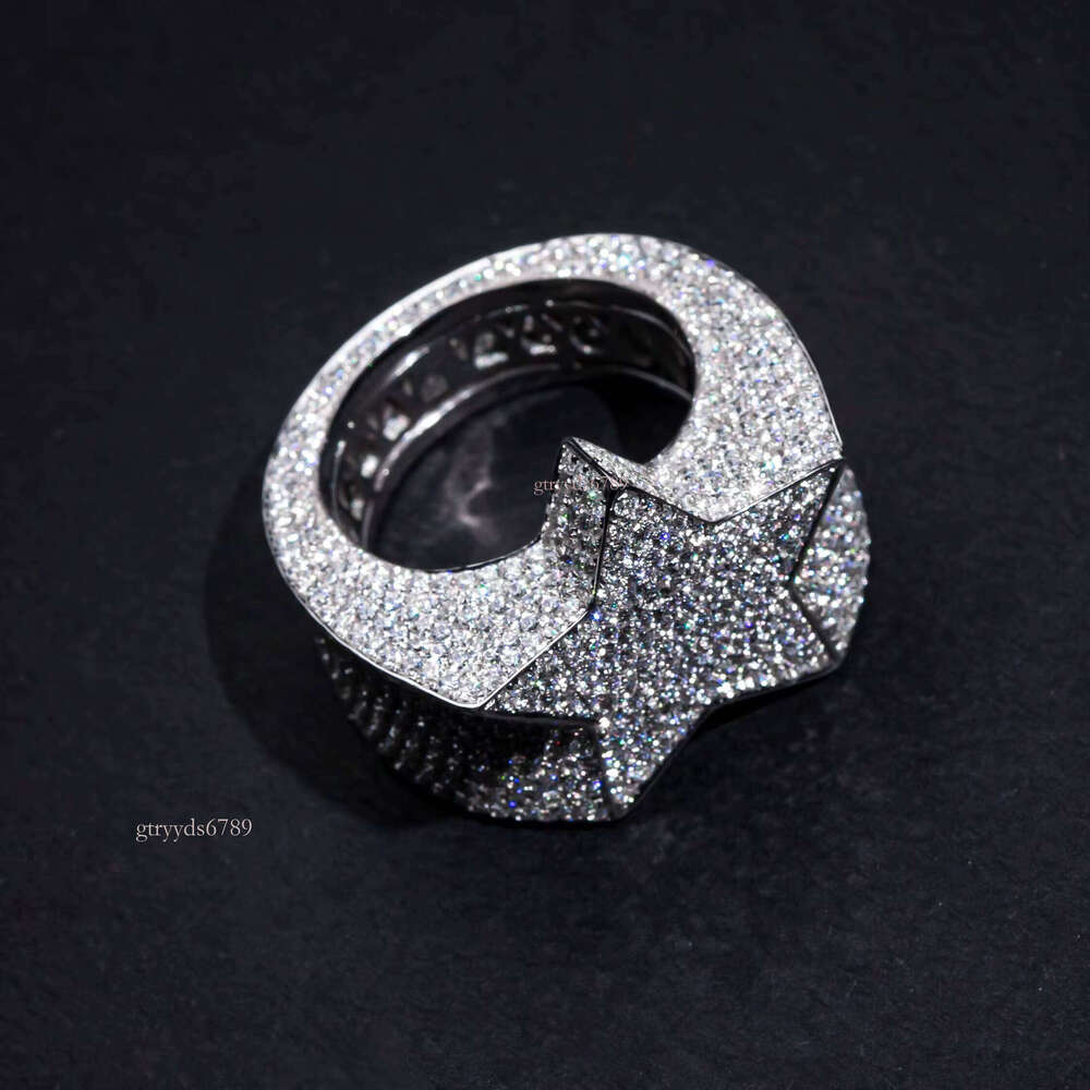 Hip-Hop Rock Style Iced Out 5-Point S Plated White Gold with DEF VVS Moissanite Men's Ring Popular Star Fashion