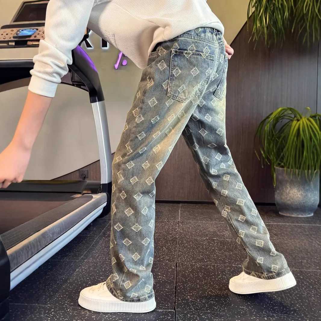 Light Blue Full Print Jacquard Jeans for Men Niche Design Curved Knife Pants American High Street Straight Leg Pants X250812