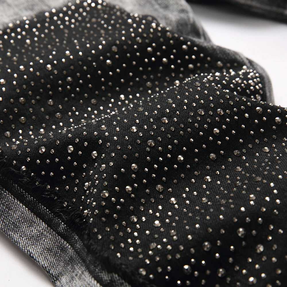 Men Crystal Patch Denim Jeans Streetwear Slim Straight Pants Gray Black Stretch Cotton Trousers X250812