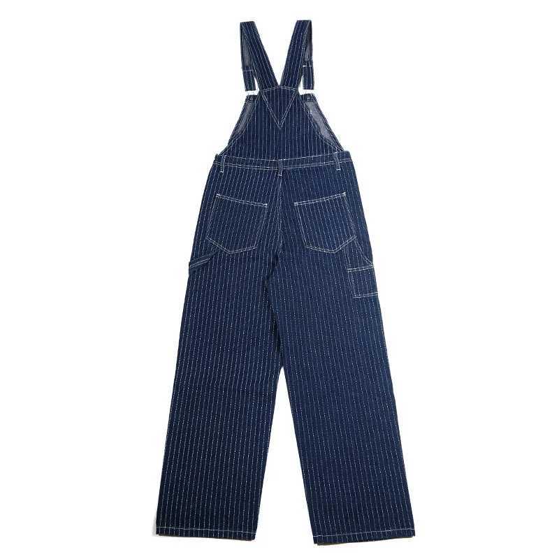 American Vintage Casual Indigo Raw Denim Overalls Mens Retro Striped Jeans Jumpsuit Long Denim Bib Pants OKONKWO X250812