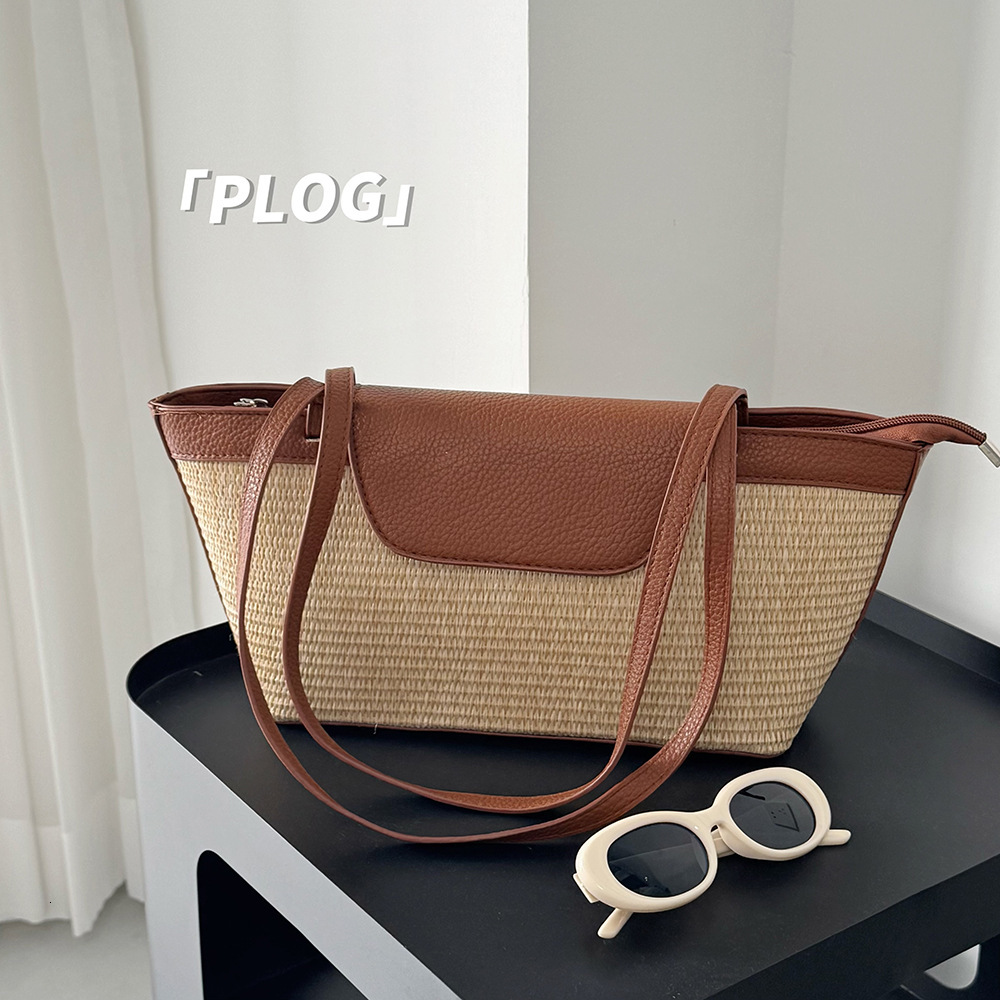French Niche Casual Color Block Straw Basket for Women Handheld and Shoulder Tote Bag Bucket Woven ddmymarket