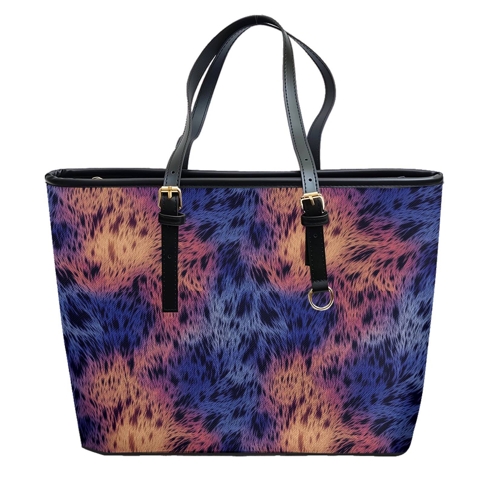 Gradient Fur Leopard Printed Oxford PVC Leather Shoulder Bag Zipper Lightweight Travel Tote Daily Convertible Work Weekend Purse