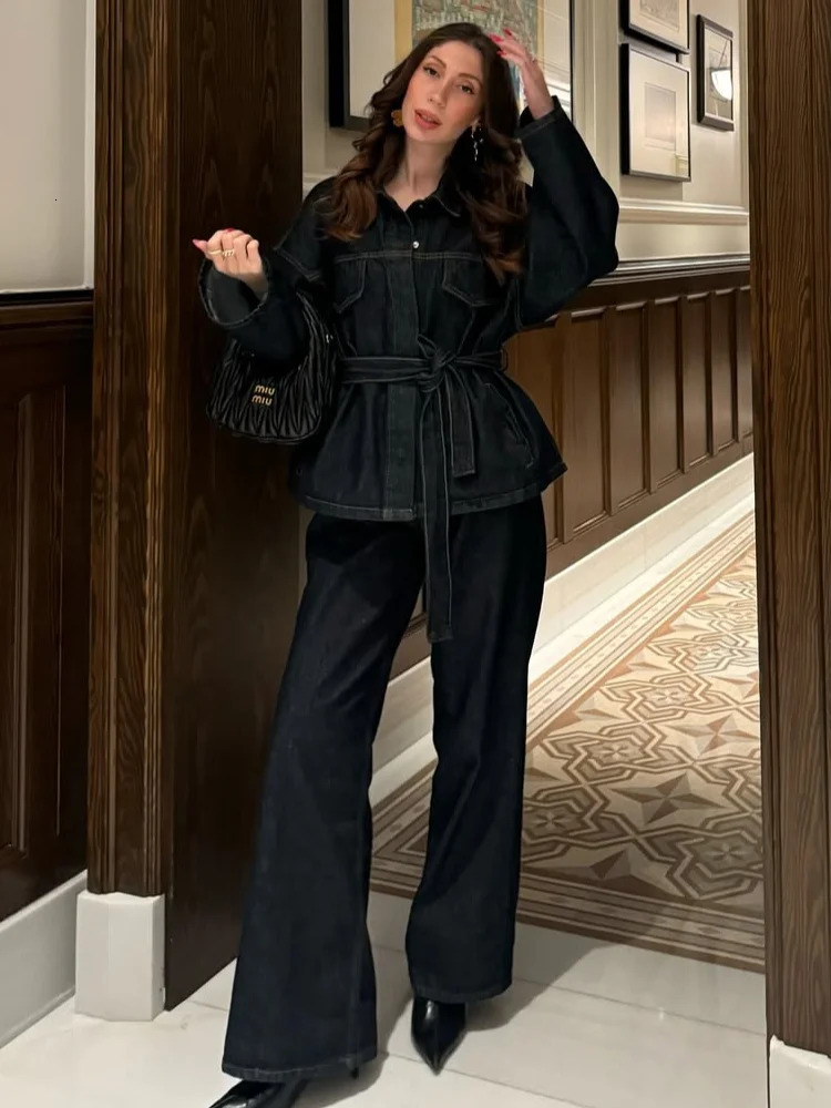 Retro Belt Denim Pants Set Women Lapel Pockets Long Sleeved Jacket Zipper Straight Leg Jeans 2025 Spring High Street Female Sets 250808