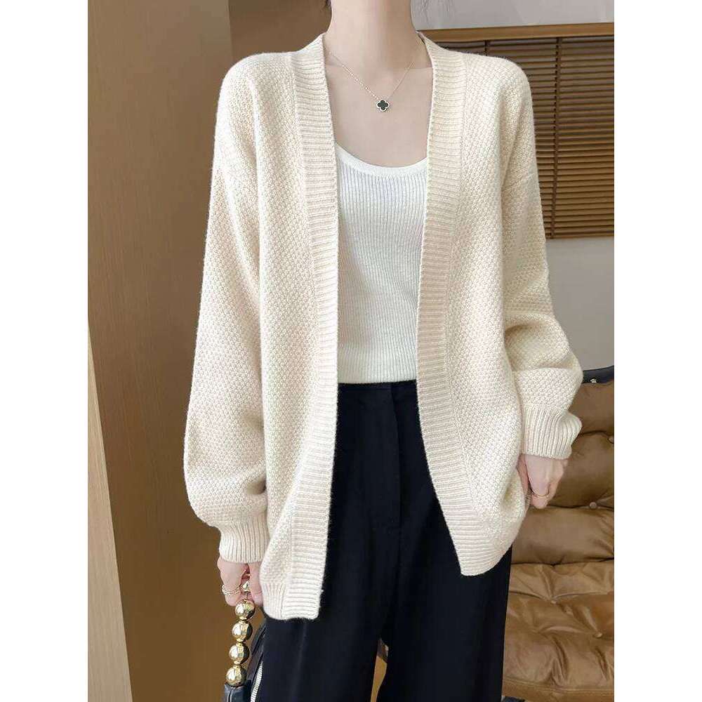 Casual Loose Comfortable Cardigan Women's 100% Merino Wool Knitted Sweater Autumn Winter Warm Soft Simple Elegant Clothing Tops 20250811