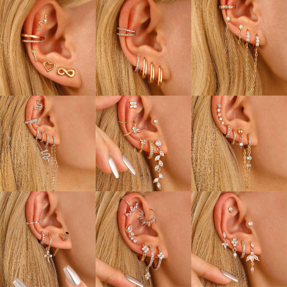 New Alloy Star Small Dia Ear Clips for Women, Leaf Flower Gold Geometric Pearl Zircon Non-Pierced Earrings Set