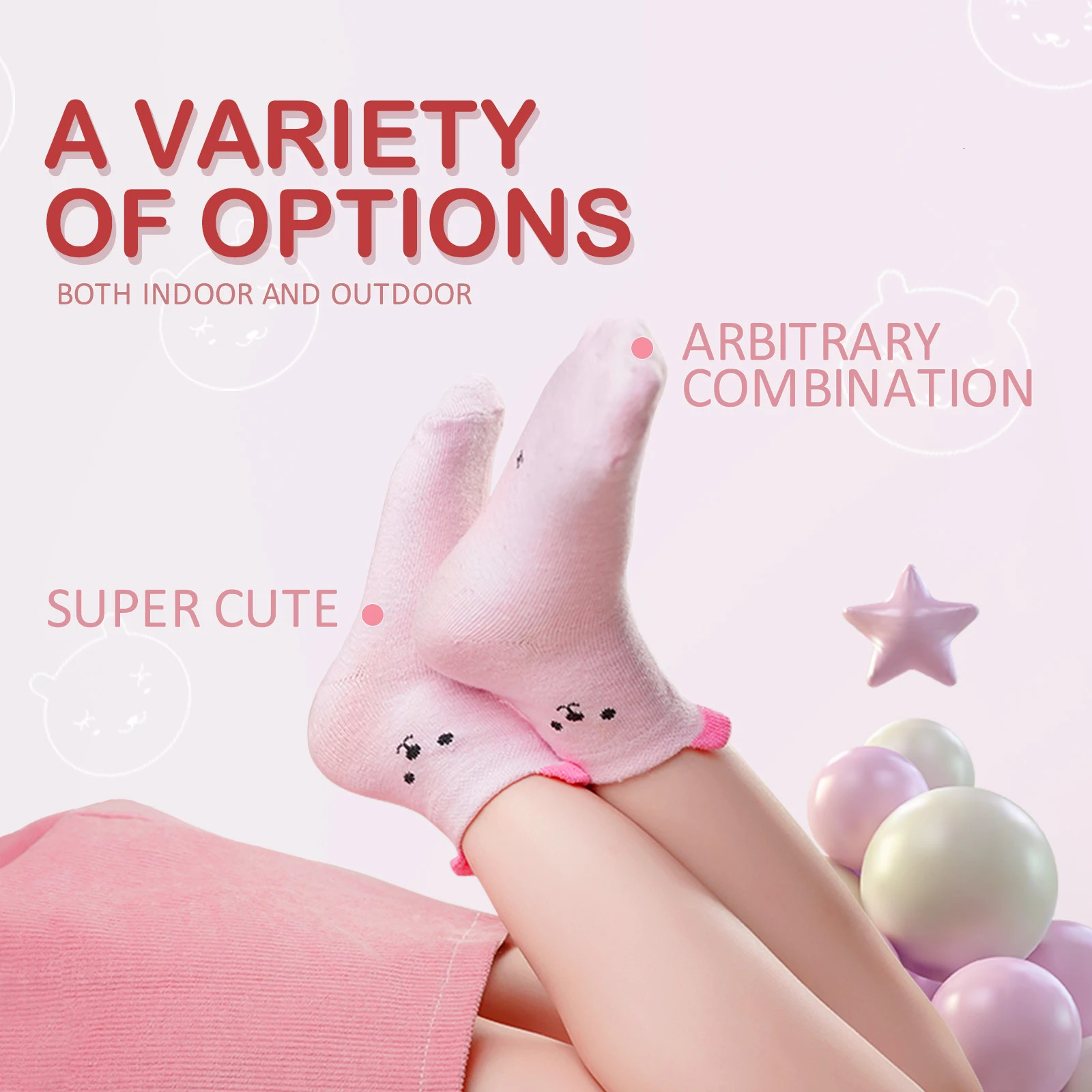 5Pairs Kids Girl Cartoon Socks Cotton Round Neck Mid Tube little Cute Pink Bear Pattern Sock Breathable Baby 08Years 250812