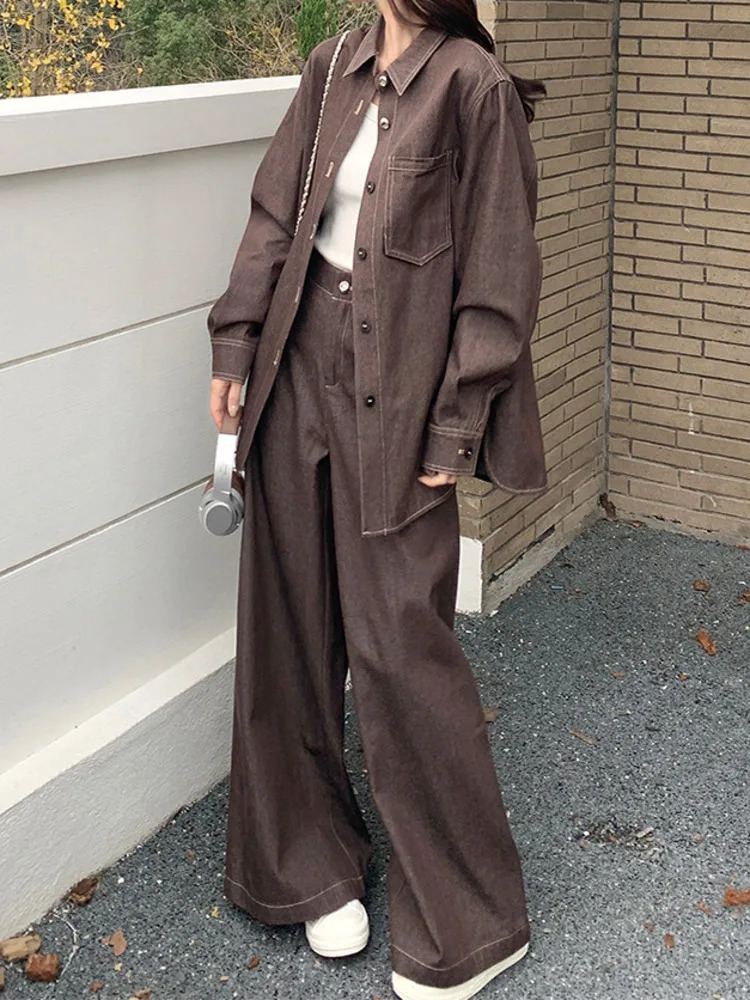 KWTX Brown Long Sleeve Denim Jacket Pants 2 Piece Set Women 2025 Spring Summer Oversized Casual Streetwear Outfit 250808