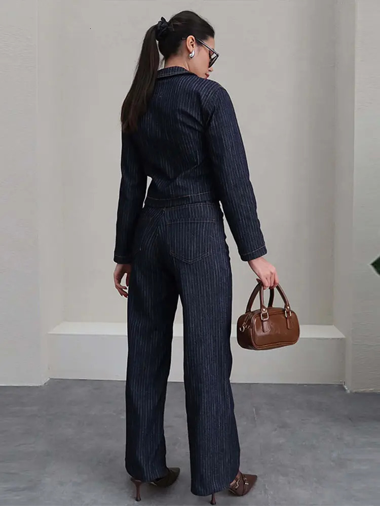 Vintage Women Stripe Denim Coat Trousers 2 Piece Sets Lapel Zip Denim Shirt Straight Dragging Office Work Casual Jeans Outfit 250811