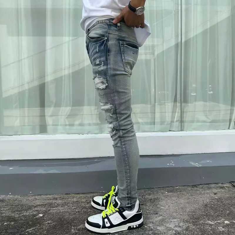 European and American designers fashion new mens jeans stretch slim fit retro light blue patchwork white patch jeans high street X250812