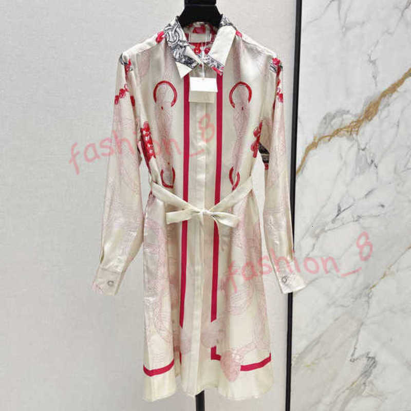 Basic & Casual Dresses Designer Autumn new positioning printed shirt collar women's dress 100% twill silk white lapel dress casual belt slim fit top EOVZ