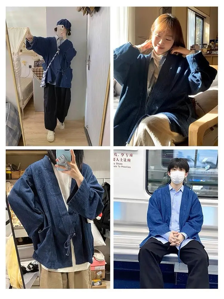Japanese Vintage Denim Coat Men Women Unisex Oversized Daily Spring Autumn Trendy Jeans Jacket Long Sleeve Cardigan 250811