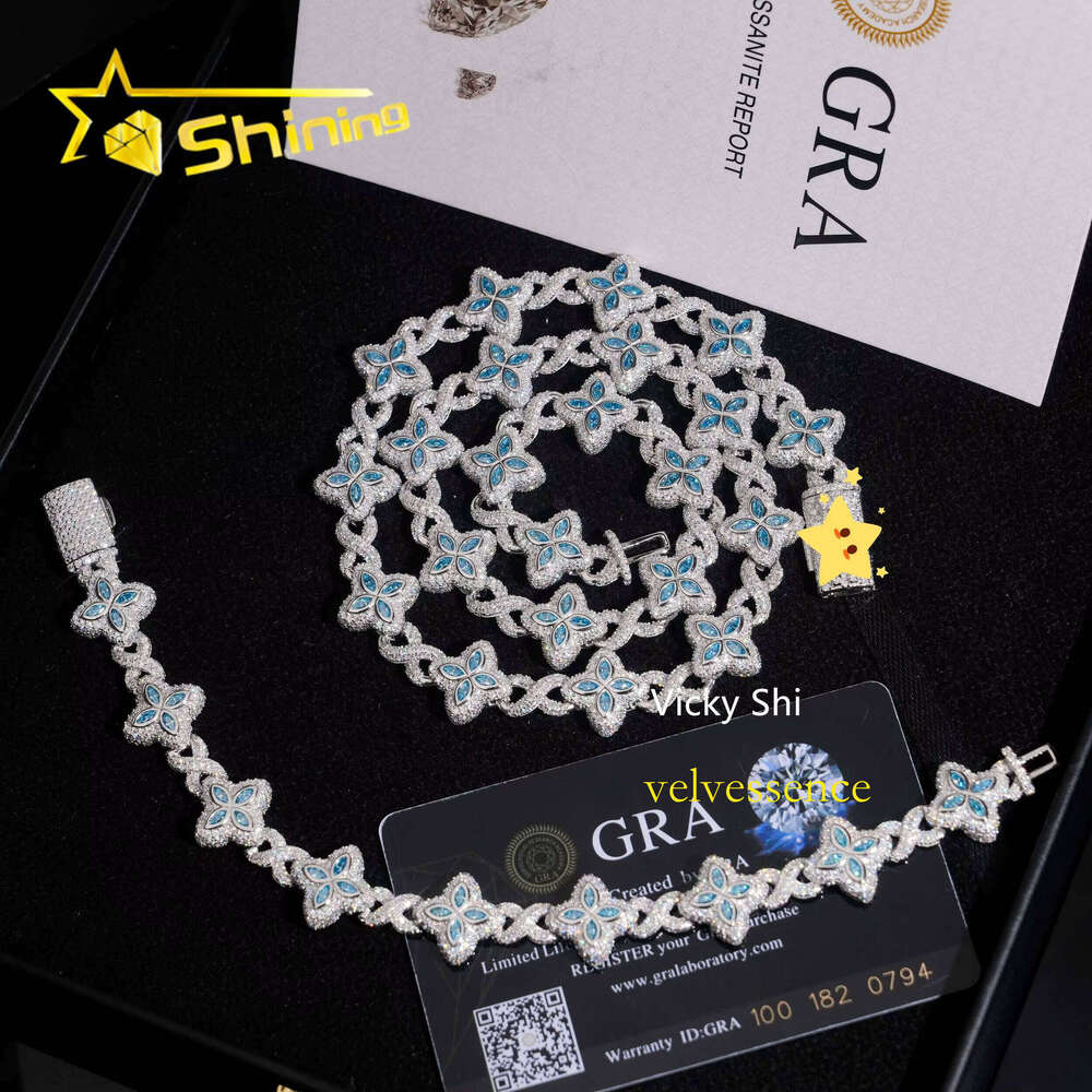 Popular Blue Color Clover Chain Fine Jewelry Custom Iced Out Sier Men Cuban Link Moissanite Necklace