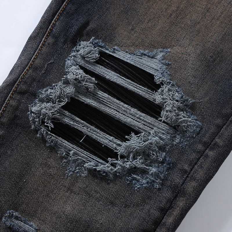 2ke New High-Quality Jeans With Stretch Slim Fit Perforated Patch Washed Deep Blue Jeans Designer High Street Hip-Ho X250812