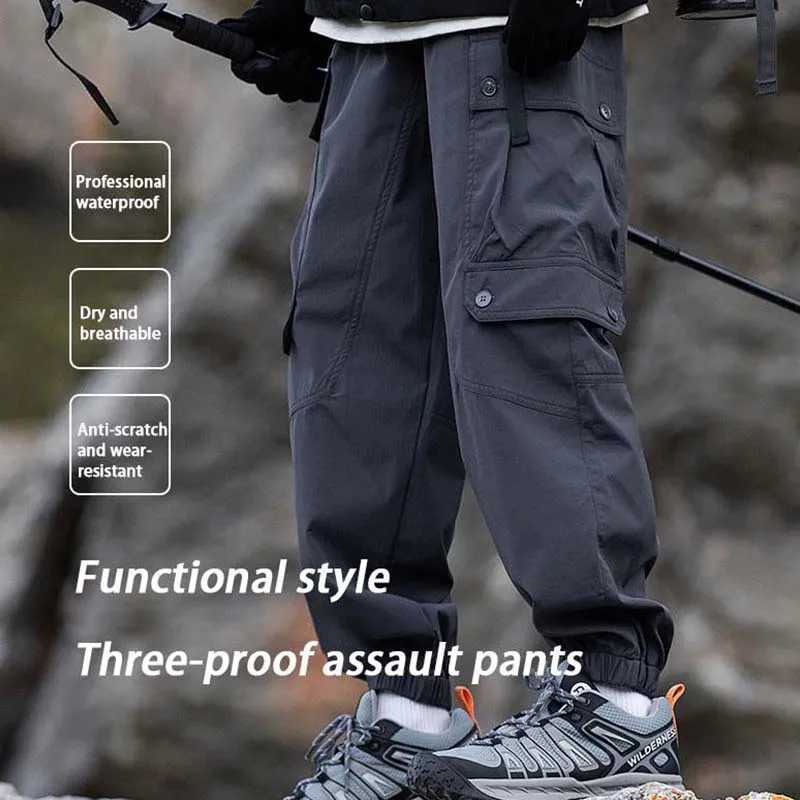 New Mens Waterproof Hiking Pants Breathable Anti-Fouling Loose Fit Cargo Pants Elastic Waistband Casual Camping Sport Pants W250812