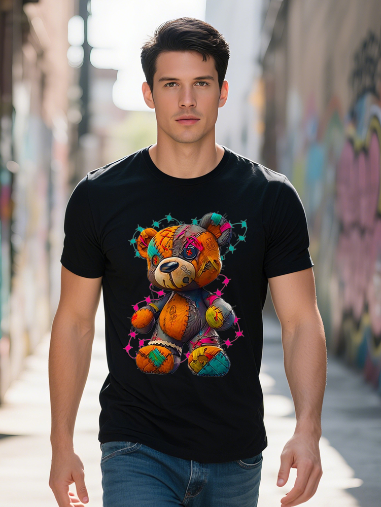Men s Casual Fashion T Shirt Cartoon Teddy Bear Print Knitted Regular Fit Round Neck Stretch Fabric All Season