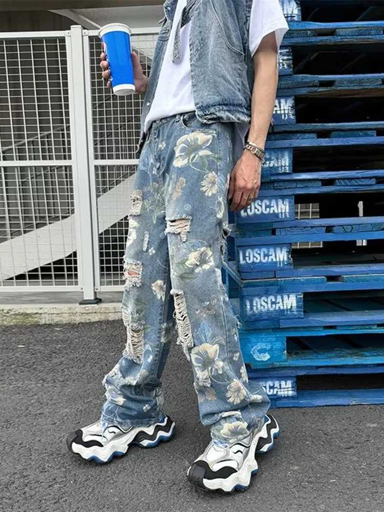 2024 Y2K Streetwear Clothing Flowers Print Ripped Baggy Jeans Pants Men Design Clothes Straight Grunge Denim Trousers Mens Pants X250812