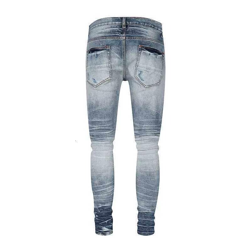 High Street Fashion Men Jeans Retro Washed Blue Stretch Skinny Fit Printed Patched Ripped Jeans Men Brand Designer Hip Hop Pants X250812