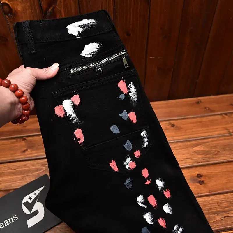 High-end Street Fashion Trendy Brand Mens Slim Fit Ink-splashed Printed Zipper Black Motorcycle Jeans X250812