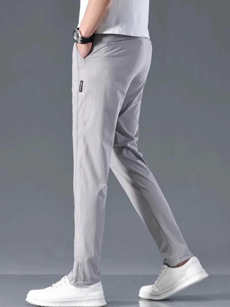 Mens Casual Pants Semi Elastic Waistband Nylon Ice Silk Elastic Straight Tube Light Gray Business Gentleman Summer Casual W250812