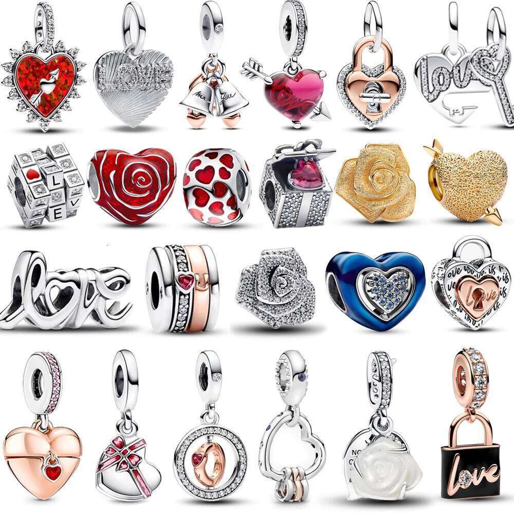 Romantic Heart Full of Hearts Dangle Charm & Sparkling Rose in Bloom Beads For 925 Sterling Silver Valentine's Day Necklace Gift