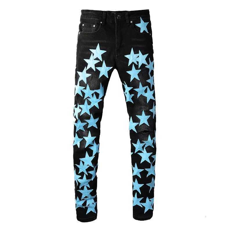 Men Sky Blue Leather Stars Patches Jeans Streetwear Black Stretch Denim Skinny Tapered Pants with Holes Ripped Trousers X250812