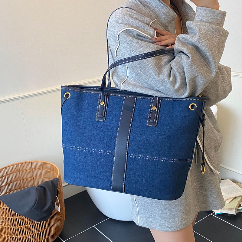 Denim for Women New Fashion Versatile Patchwork Color Block Single Shoulder Crossbody Large Capacity Tote Bag
