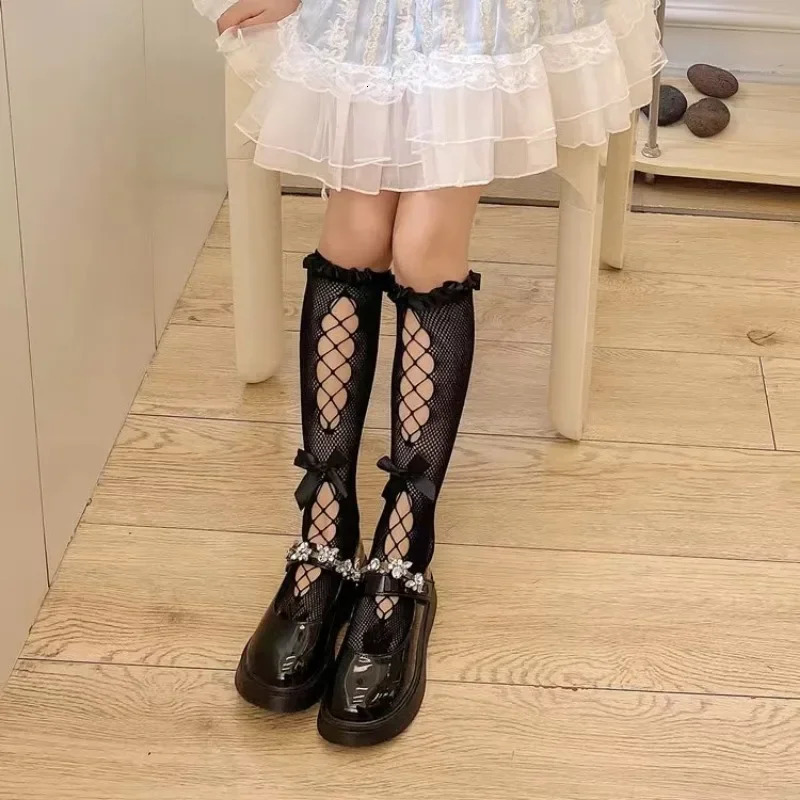 Childrens Road Lolita Calf Socks Girl Baby Cute Bow Fishing Net Hollowed Out Stockings Japanese JK Sweet Lace Ear Edge Hosiery 250812