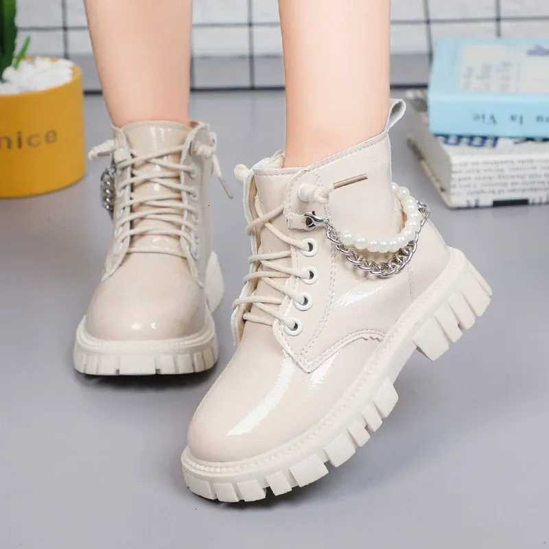Girlss Fashionable Pearl Chain Boots 2025 Autumn/Winter New Arrival Single Boot Princess Leather Shoes Soft Bottom Black ShoesXJ250812