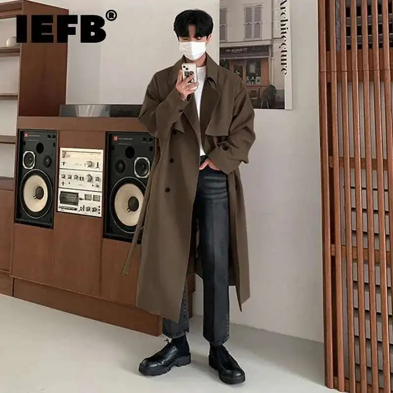 IEFB Autumn Winter Overcoat Mens Mid Length Coat Korean Fashion Loose Knee Over British Trench With Cotton Windbreakers 9C1874 250805
