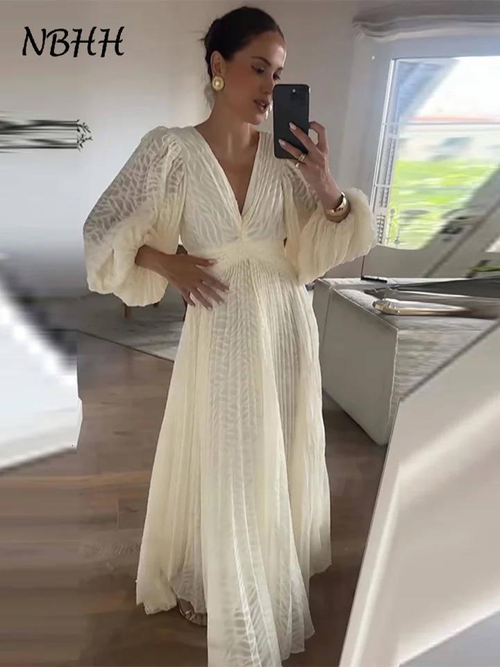 Elegant Pleated Long Dress Women V-neck Bubble Sleeve Backless Lace Up Slim Waist Dresses Autumn Lady Holiday Party Robe 250805