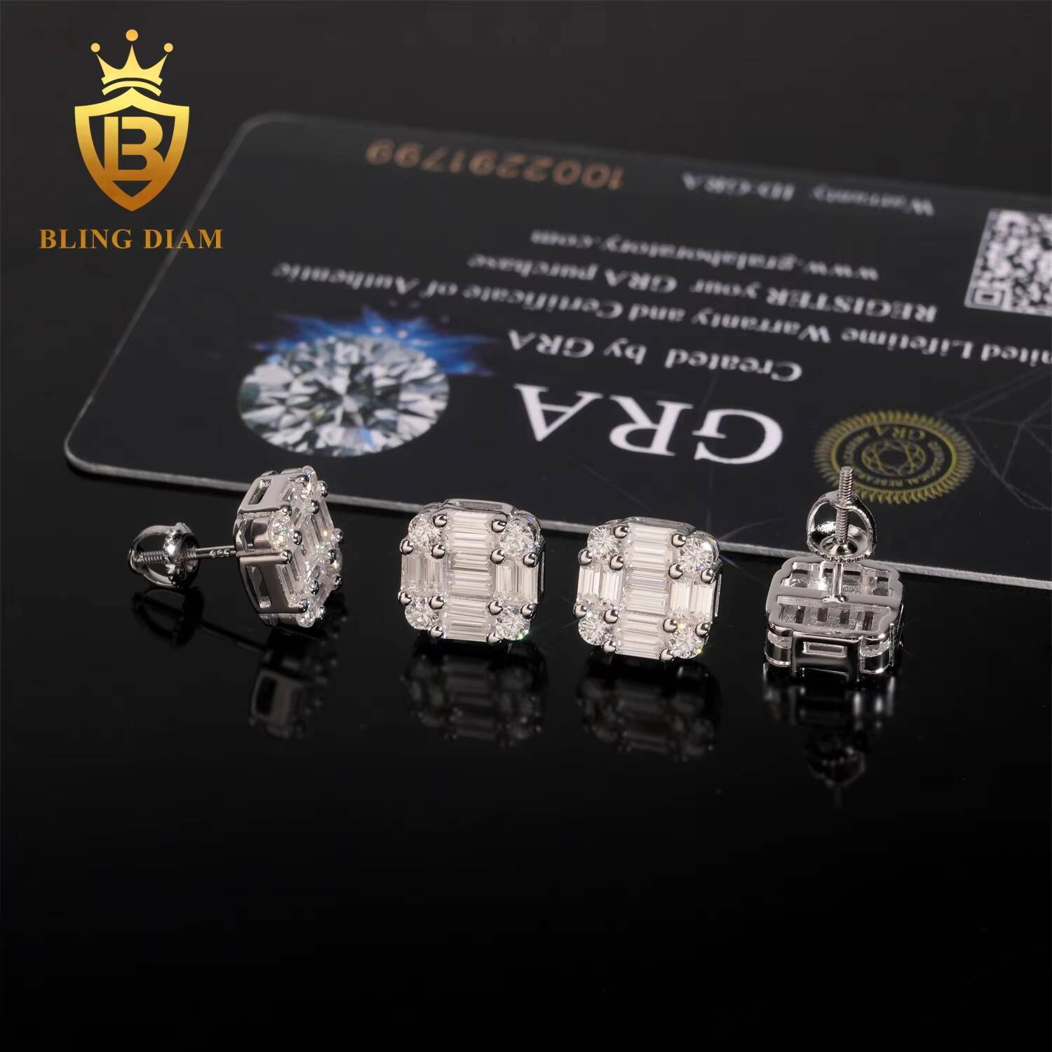 Factory Direct Hip Hop Style Iced Out Jewelry 925 Sterling Silver Baguette Moissanite Earrings for Men