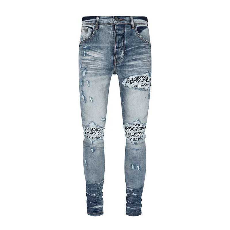 High Street Fashion Men Jeans Retro Washed Blue Stretch Skinny Fit Printed Patched Ripped Jeans Men Brand Designer Hip Hop Pants X250812
