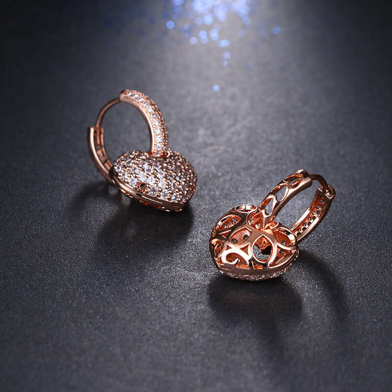 Gold-Plated Copper Zircon Earrings Sweet Full Dia Heart Ear Clips for Women Korean Style Accessories Jewelry