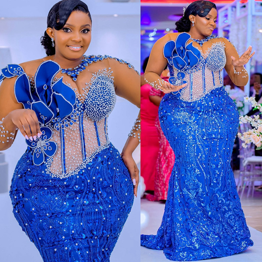 Mermaid Royal Blue Plus Size Prom Dress 2025 Evening Dresses For Special Occasions Sheer Neck Beaded Lace Flora Illusion Birthday Second Reception Gow