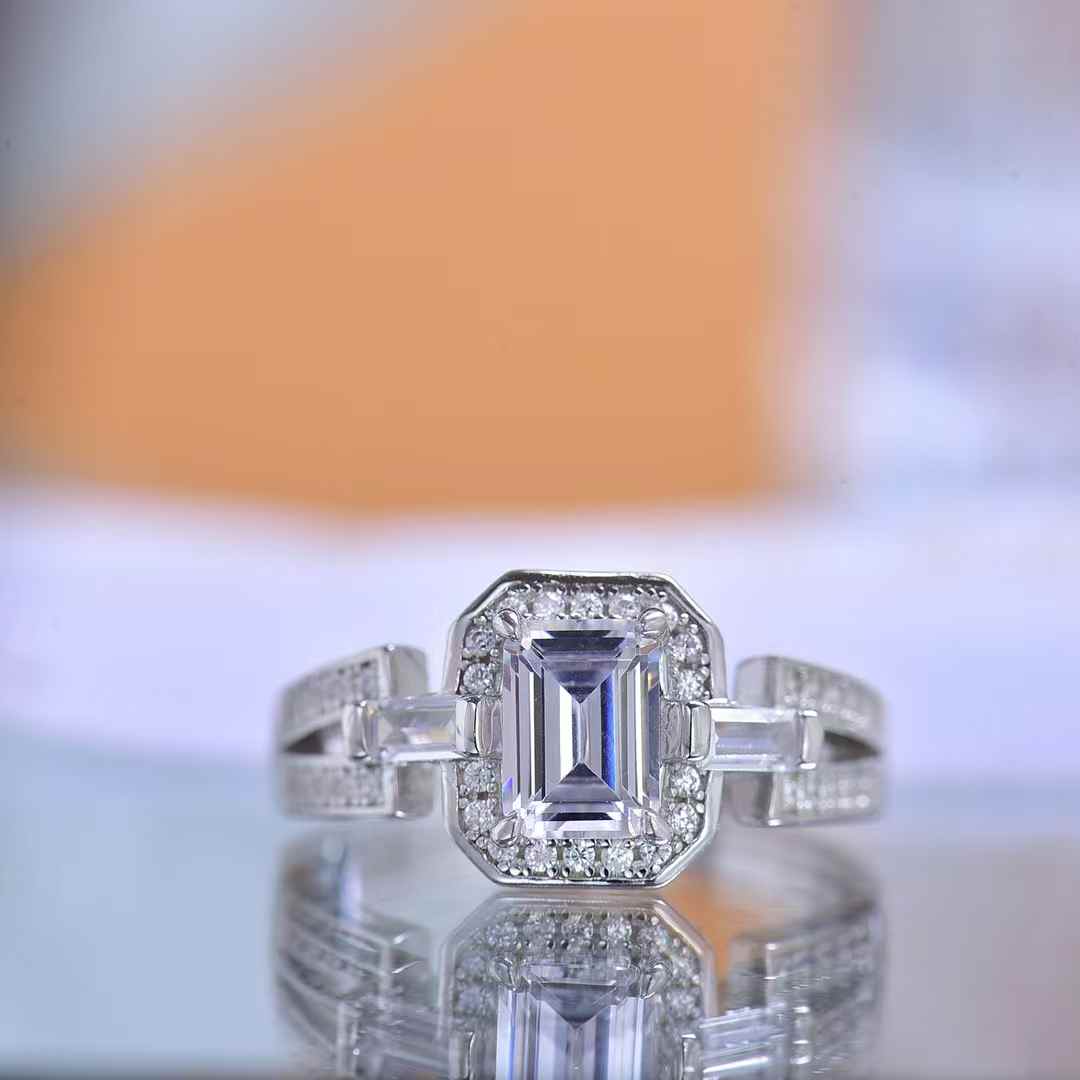 Moissanite Ring Women s Art Deco Emerald Cut Sparkly Silver Band for Brides Wedding Ceremonies Anniversary Celebrations Glamorous Party Nights