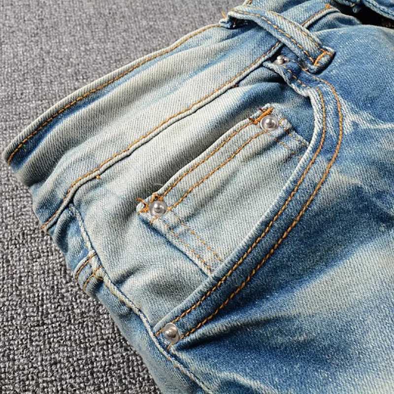 Men Leather Stars Patches Jeans Streetwear Slim Skinny Stretch Denim Pencil Pants Holes Ripped Patchwork Tapered Trousers X250812