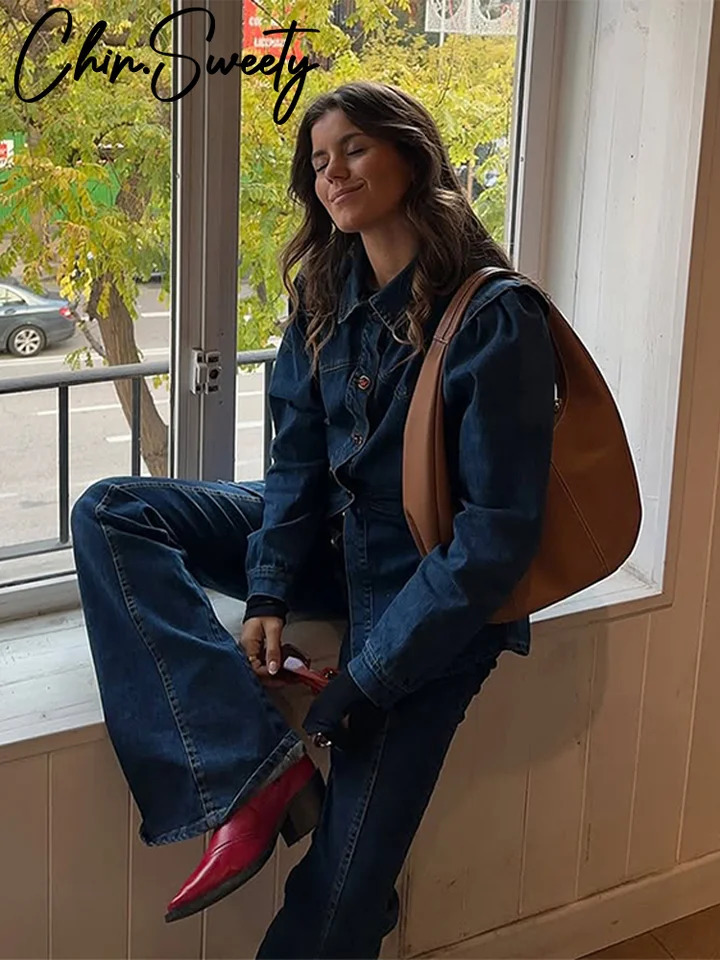 Casual Denim Jacket Pants Set Women Slim Buttons Jackets High Waist Hip Package Pant 2025 Autumn Lady Street Outfit 250808