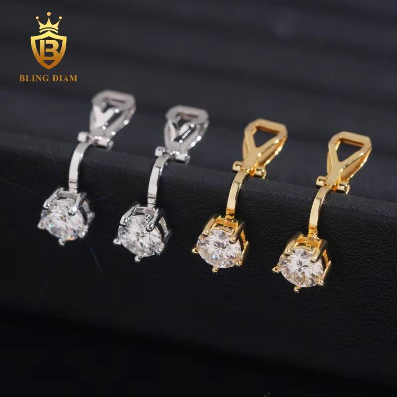 Hot Sale GRA Certificate VVS1 Moissanite Round Brilliant Cut Diamond Ear Clip 925 Sterling Silver Gold Plated Hiphop Style