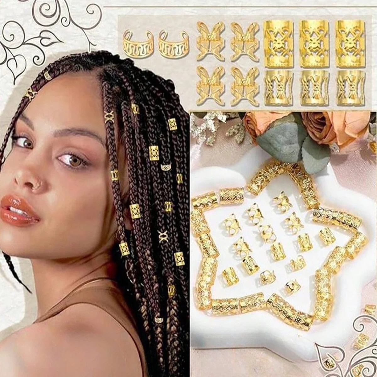 40PCS Alloy Hair Jewelry Cuffs For Braids Metal Dreadlock Beads Rings Multi Style Accessories 250804