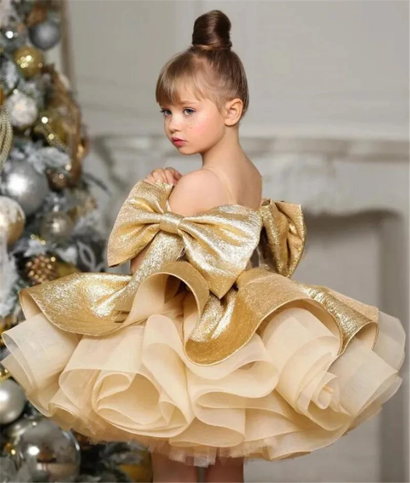 Puffy Gold Satin Flower Girl Dresses Knee Length Glitter Wedding Party Dress Bow Toddler Baby Birthday Pageant Ballet Tutu Dress 250811