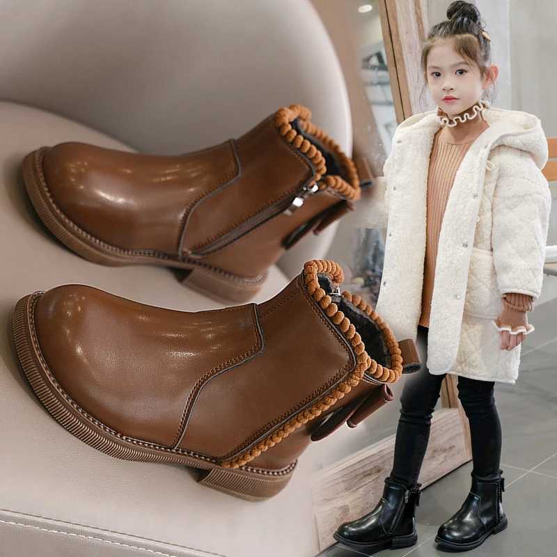 2024 New Girls Chelsea Leather Boots Round Head Anti-Slip Children Ankle Boots with Sweet Bow Girls Short Boots with Side Zip XJ250812