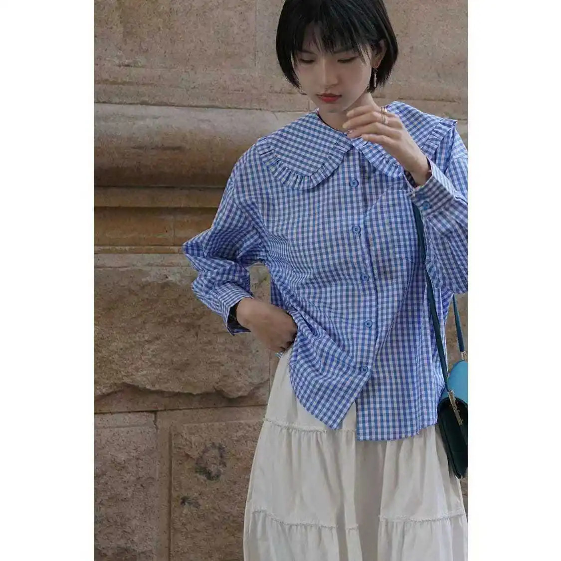 2025 spring casual Korean style peter pan collar striped blouse womens single breasted loose fit chic long sleeve shirts 250811