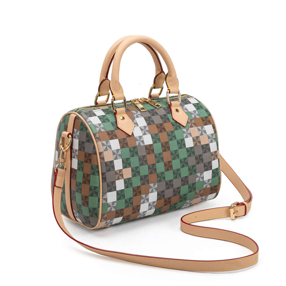 Lacel Urwebin Women's Vintage Checkered Plaid Boston Bag, Green Brown White Gray Pattern, Top Handle & Adjustable Crossbody Strap, PU Leather Mat