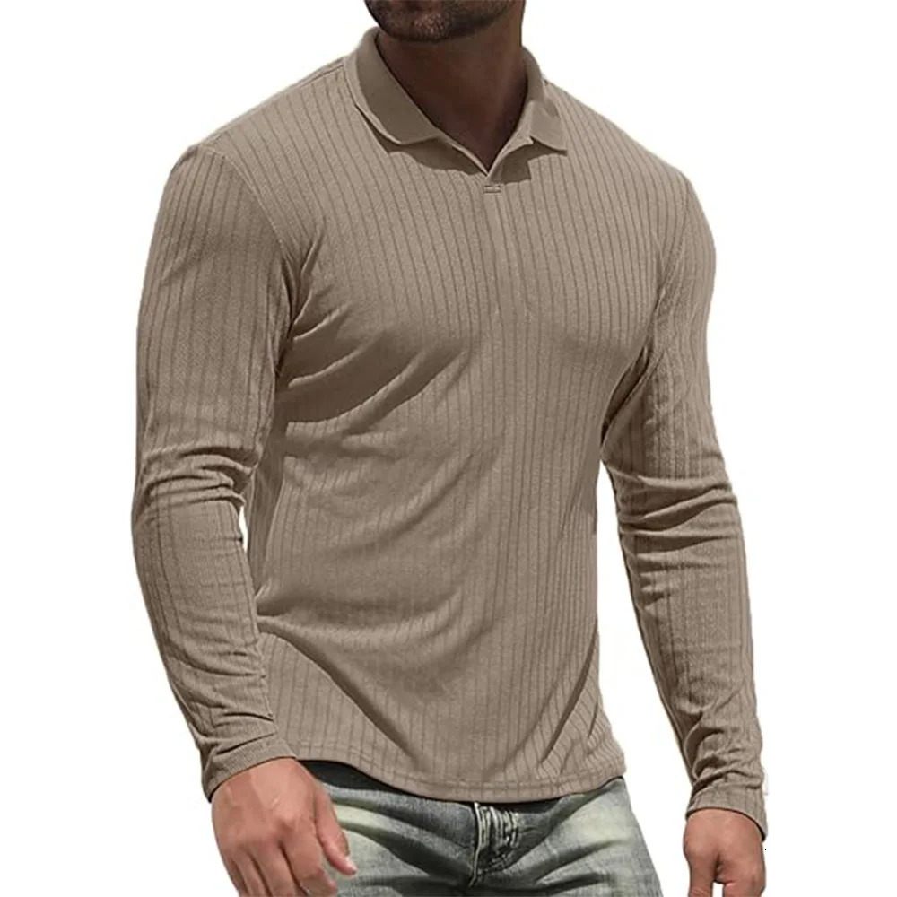 Cotton Mens Long Sleeve T-Shirts Men Polo Shirts High Quality Slim V-neck Striped Shirt Male Top Tees Male 250811