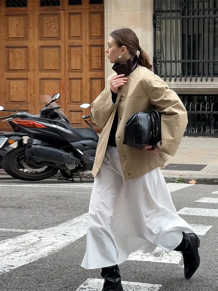 Retro PU Leather Collar Jacket Women Casual Loose Khaki Patchwork Stand Collar Button Trench Jackets Chic Versatile Streetwear 250811