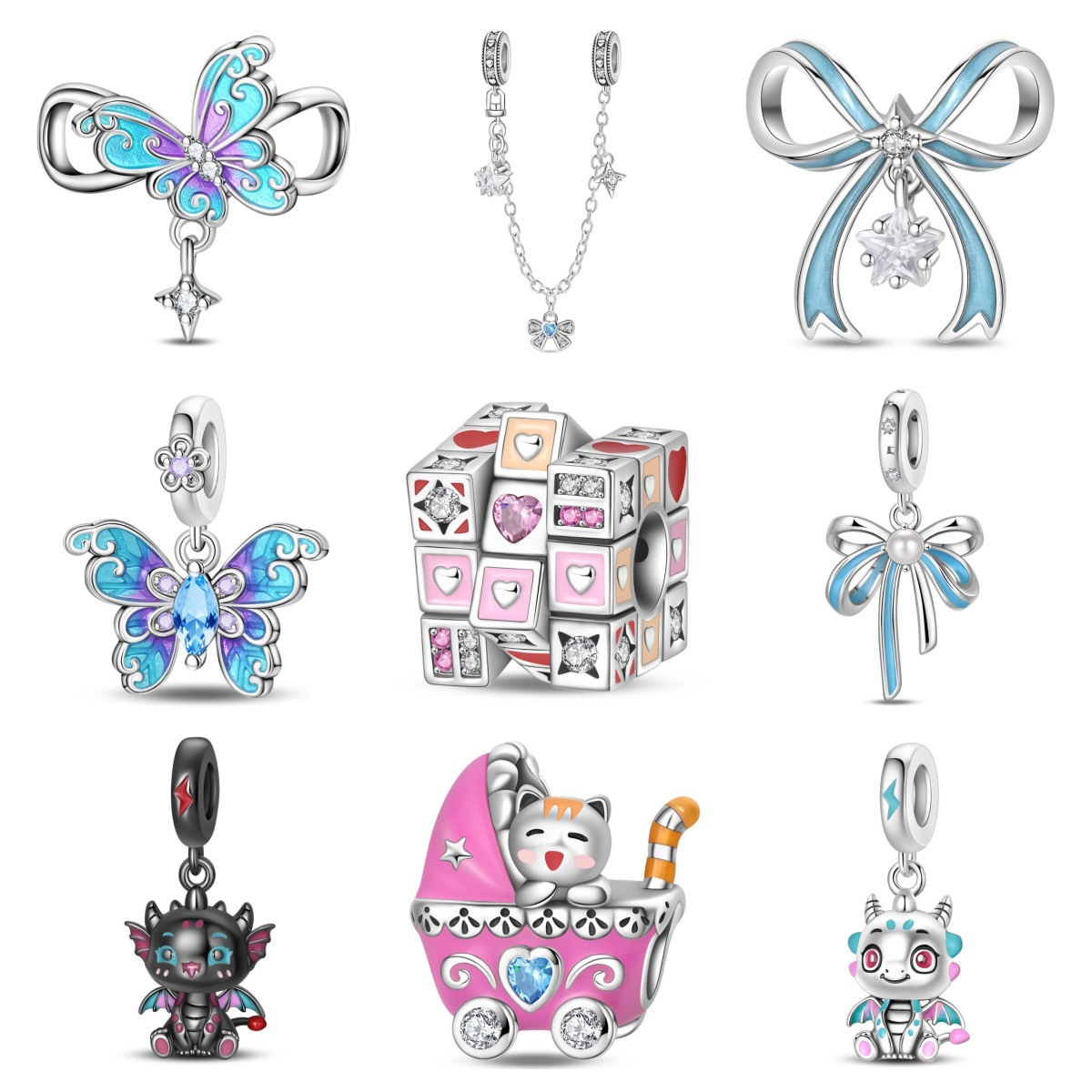 S925 Silver Little Black Dragon Eternal Butterfly Rubik's Cube Charm Beads DIY Jewelry Bracelet Accessories Cross-border Hot Sale