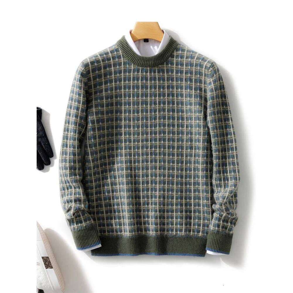 Men Pullover O-Neck Sweater Cashmere Autumn Winter Checkered Jacquard 100% Merino Wool Knitwear Long Sleeve Clothing Tops 250812